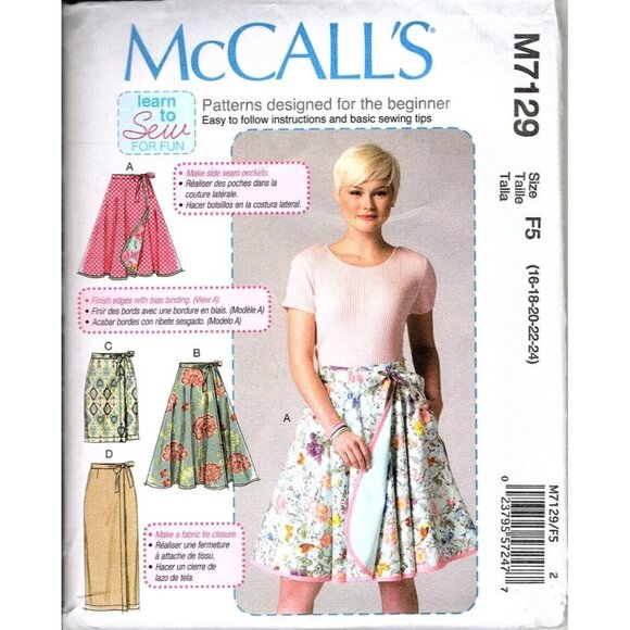 McCalls M7129 Misses 16 to 24 Learn to Sew Wrap Skirts Sewing Pattern New - Picture 1 of 2